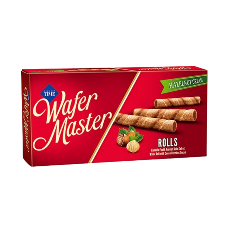 Hazelnut wafer rolls in a 2.29oz package from Farmacias Savia, showing crispy rolled wafers with hazelnut filling.