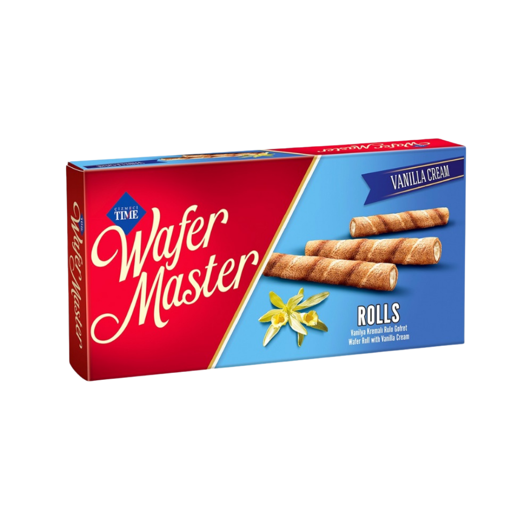Vanilla wafer rolls in a 2.29oz package from Farmacias Savia, showing crispy, golden-brown rolled cookies with vanilla flavor.