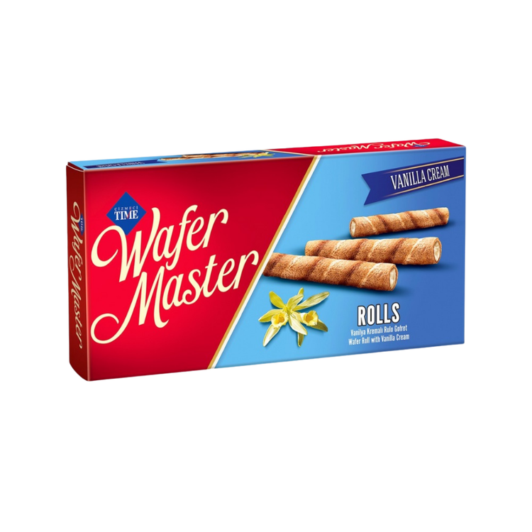 Vanilla wafer rolls in a 2.29oz package from Farmacias Savia, showing crispy, golden-brown rolled cookies with vanilla flavor.