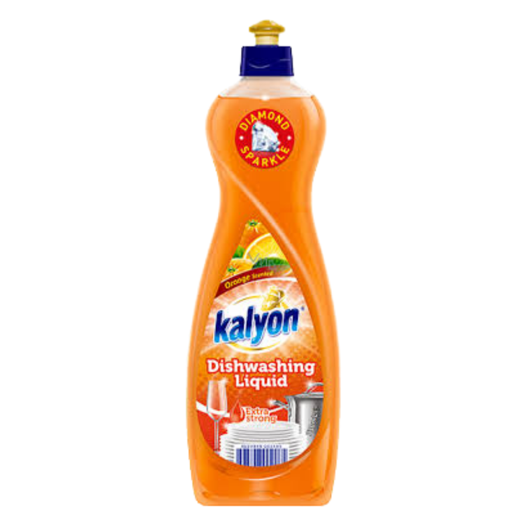 Kalyon Orange Dishwashing Liquid in a 24.7oz bottle, with bright orange liquid and label, for effective kitchen cleaning