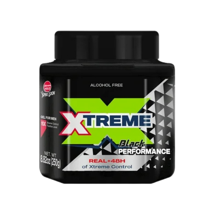 Black Xtreme Performance Styling Gel in an 8.81oz container, designed for hair styling with a sleek black lid.