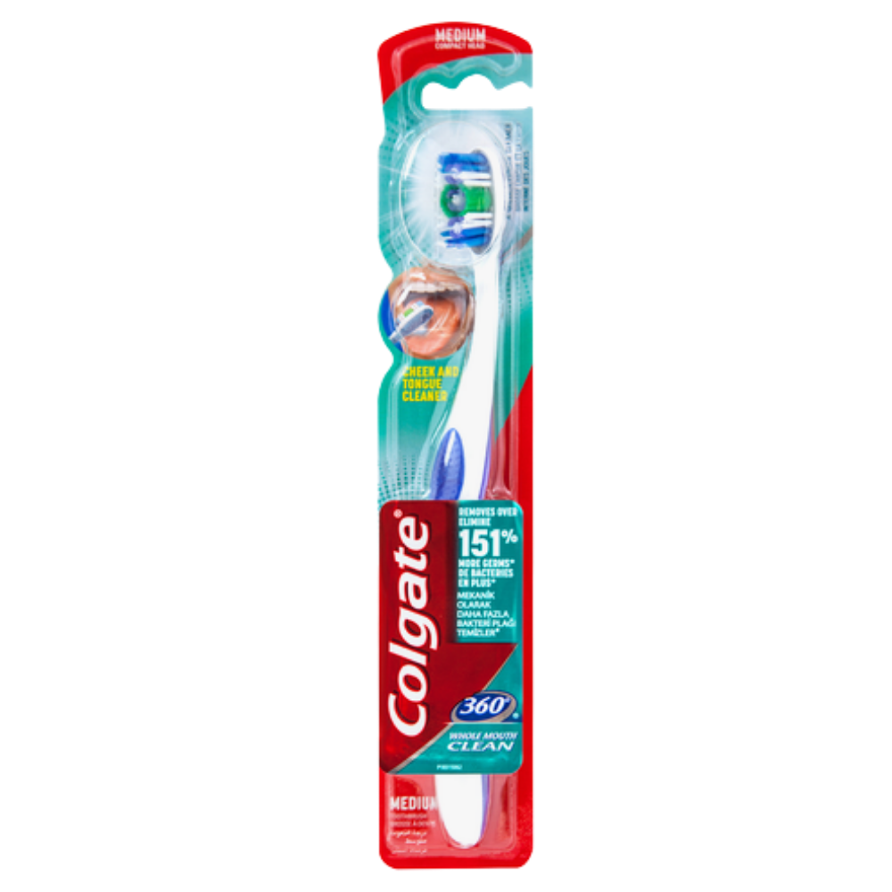 Colgate 360 medium toothbrush for oral care, featuring multi-angle bristles and a comfortable handle for thorough cleaning.