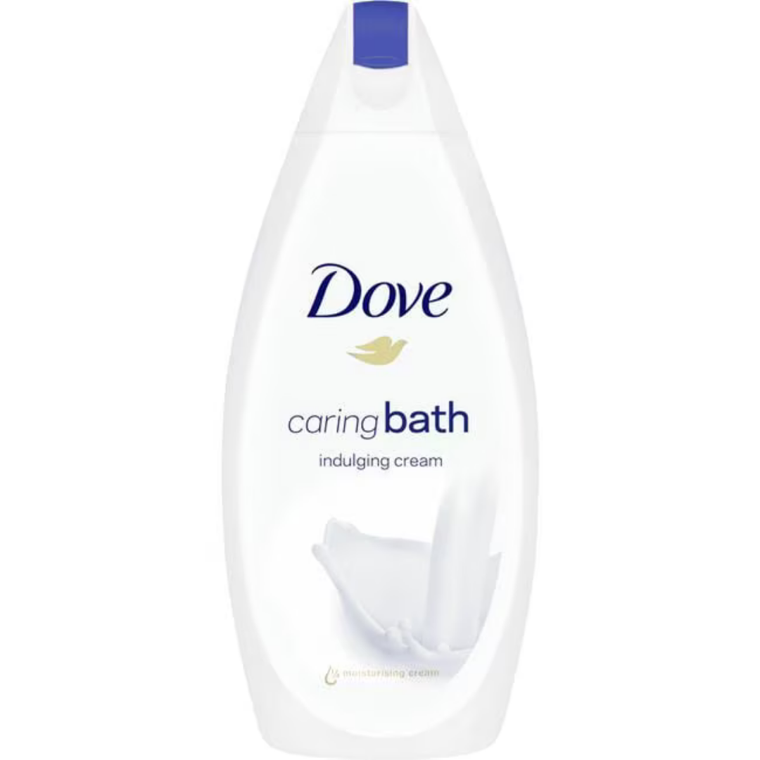 Dove Indulging Cream Caring Bath Soak in 15.2oz bottle, creamy formula for moisturizing and relaxing bath experience.