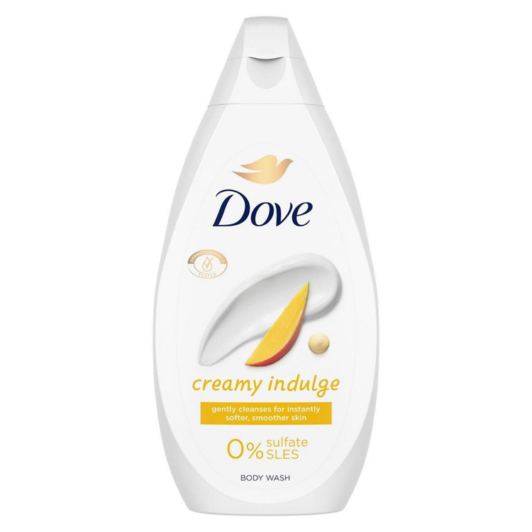 Dove Creamy Indulge Mango & Almond Body Wash bottle with label, 15.2oz size, featuring mango and almond ingredients.