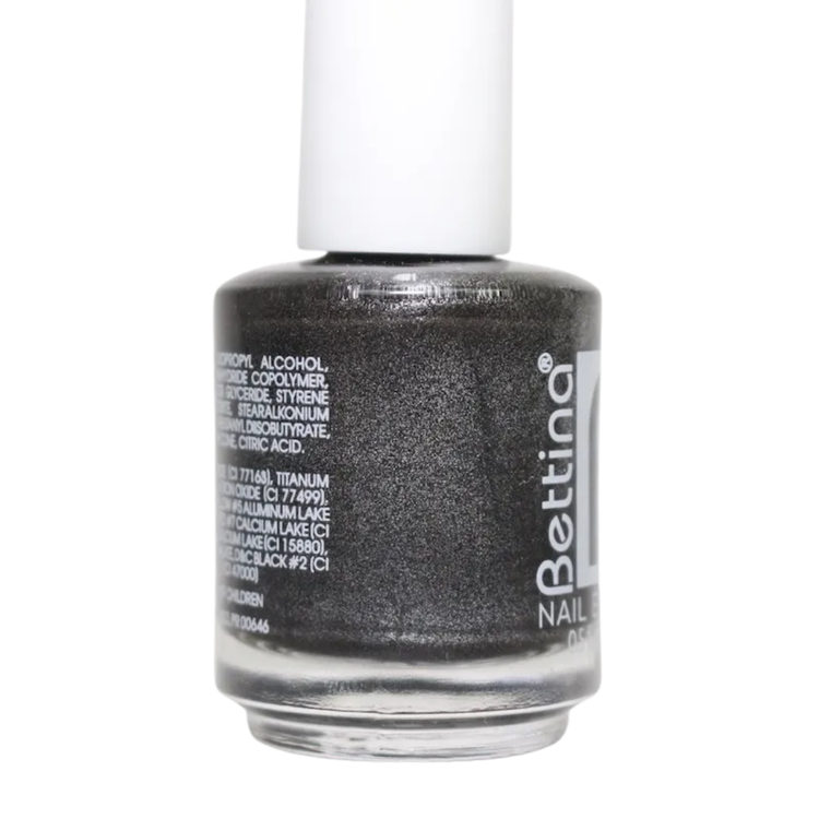 Black Hole Bettina nail enamel in 0.5oz bottle, glossy black cosmetic nail polish by Farmacias Savia.