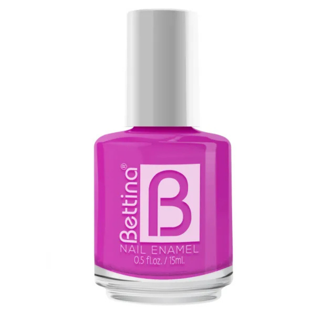 Bright pink Esmalte Bettina 1980 Mikaela nail polish bottle from Farmacias Savia, with colorful packaging and product label visible.