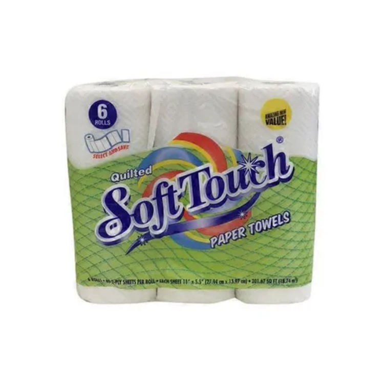 Soft Touch Paper Towels from Farmacias Savia, six rolls of absorbent paper towels for cleaning and drying.