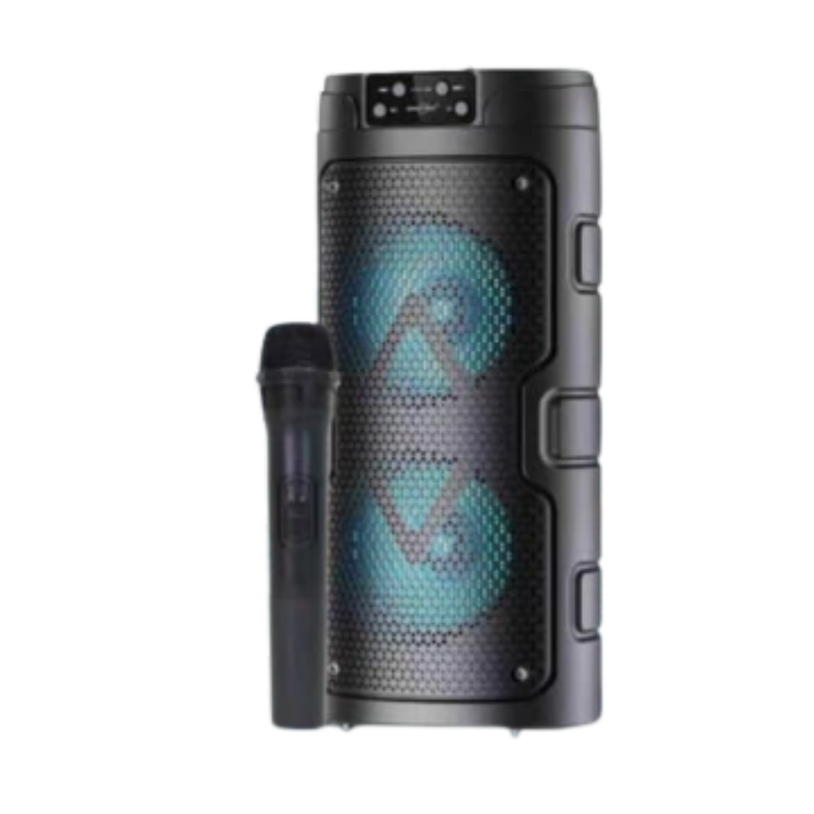 Farmacias Savia AA2025 4-inch portable Bluetooth speaker with microphone in black, showing compact design and control buttons.