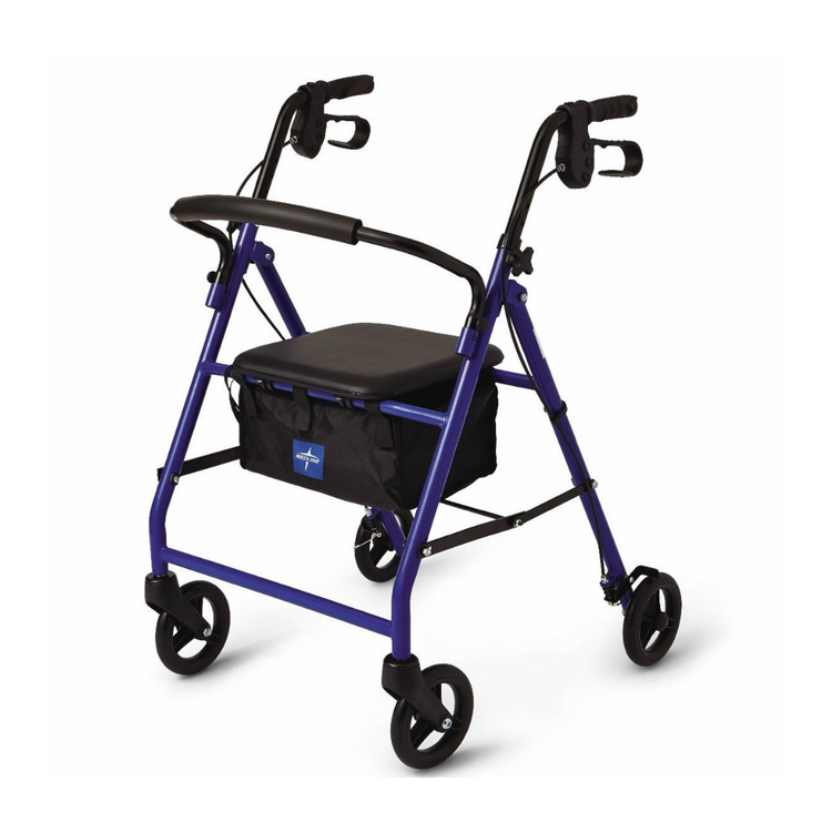 Blue Medline rollator walker with seat and 6-inch wheels, featuring a sturdy frame and comfortable grip for easy mobility.