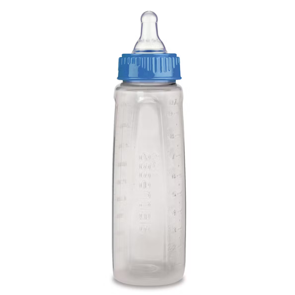 Farmacias Savia Biberón Clear First Essentials 9oz baby bottle with clear view and medium flow for infants.