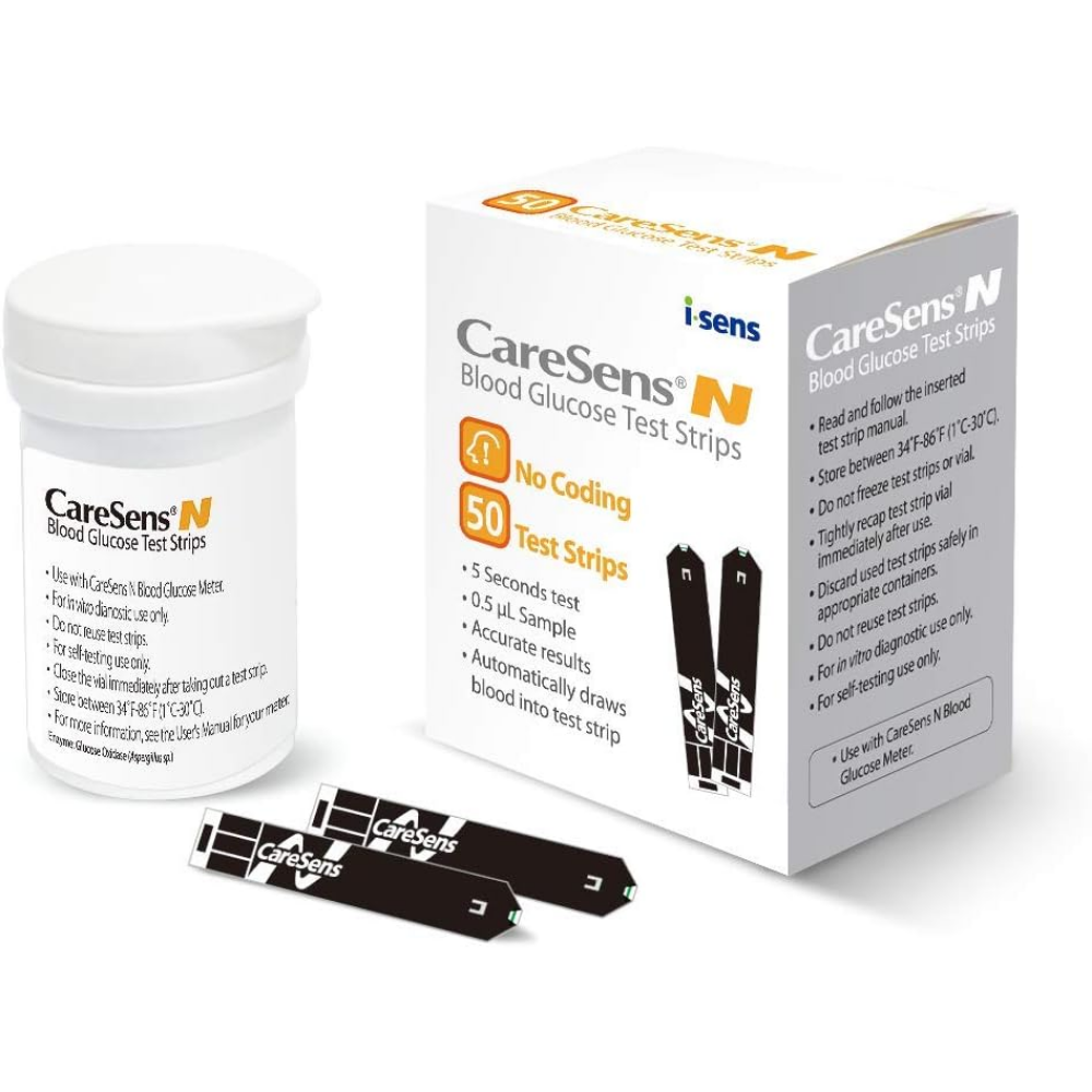 CareSens N blood glucose test strips by Farmacias Savia, 50 count, medical testing supplies for blood sugar measurement.