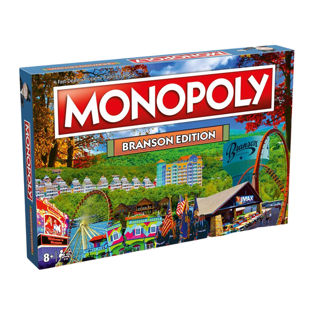 Board game Monopoly Branson Edition for ages 8 and up, featuring colorful game pieces and a branded game board.