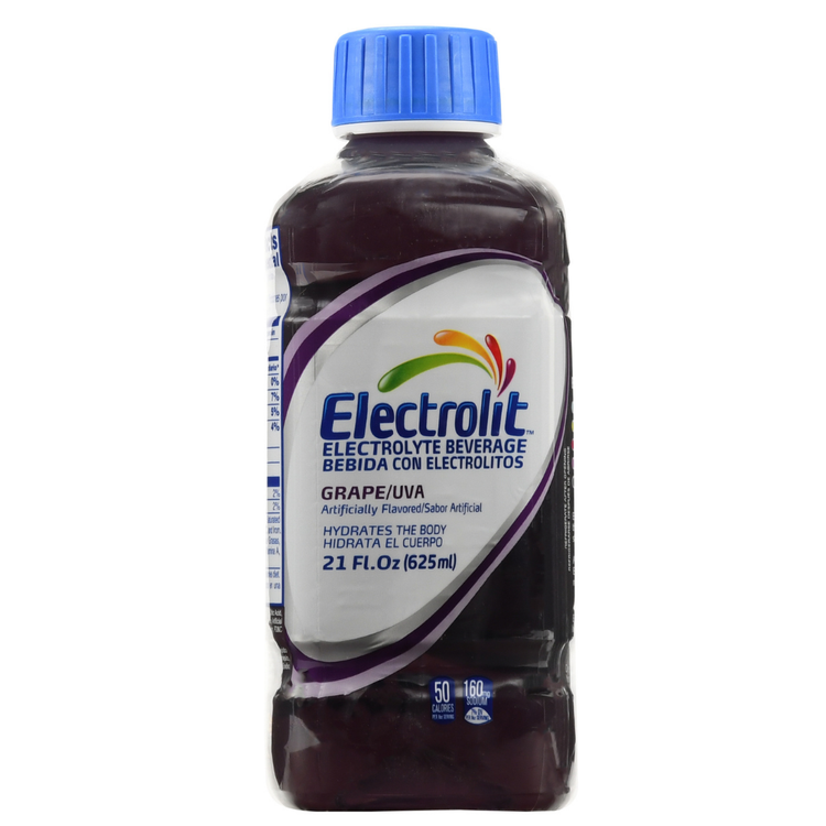 Electrolit Grape electrolyte drink 21oz bottle with purple label and cap, designed for hydration and replenishing electrolytes.