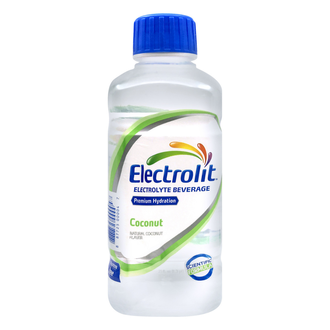 Electrolit Coconut electrolyte drink in a 21oz bottle with a blue label, featuring coconut flavor and hydration benefits.