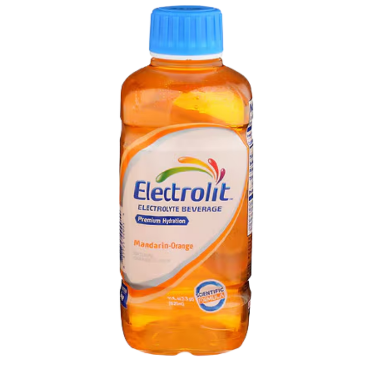 Electrolit Orange hydration beverage in a 21oz bottle, featuring bright orange liquid and label with brand and product details.