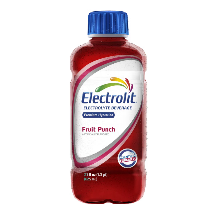 Electrolit Fruit Punch electrolyte drink in a 21oz bottle with colorful fruit punch flavor, designed for hydration and replenishment.