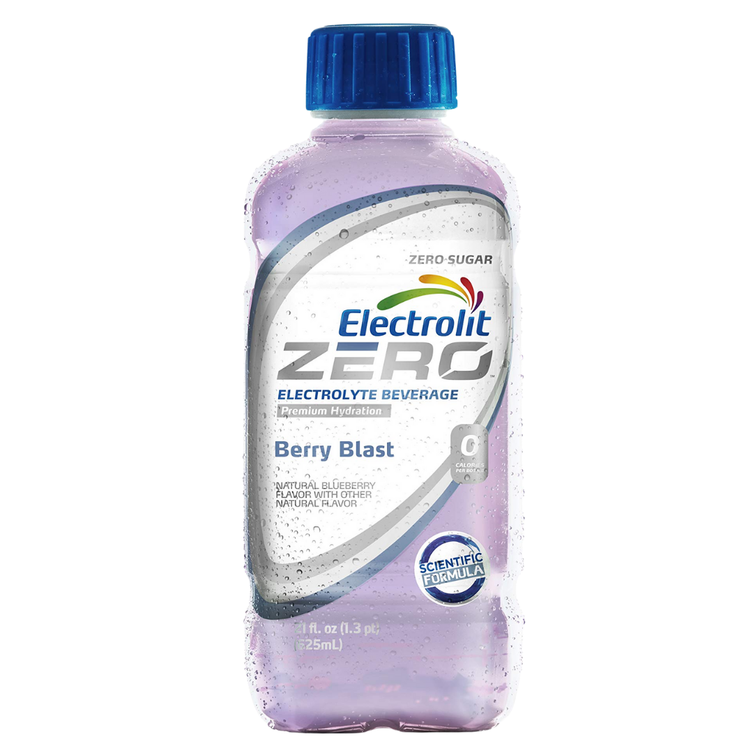 Electrolit Zero Berry Blast hydration beverage in a 21oz bottle, featuring a vibrant berry flavor and clear liquid inside.