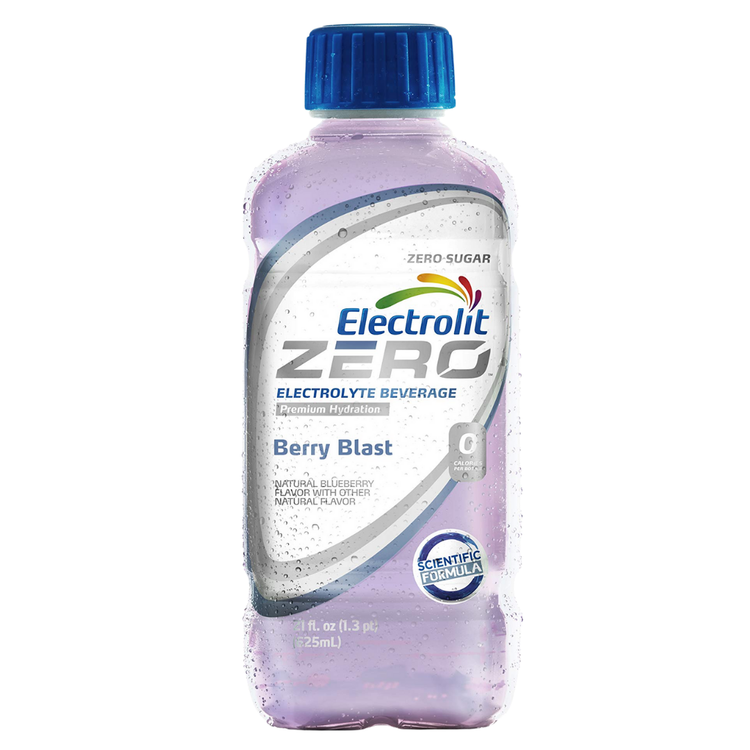 Electrolit Zero Berry Blast hydration beverage in a 21oz bottle, featuring a vibrant berry flavor and clear liquid inside.