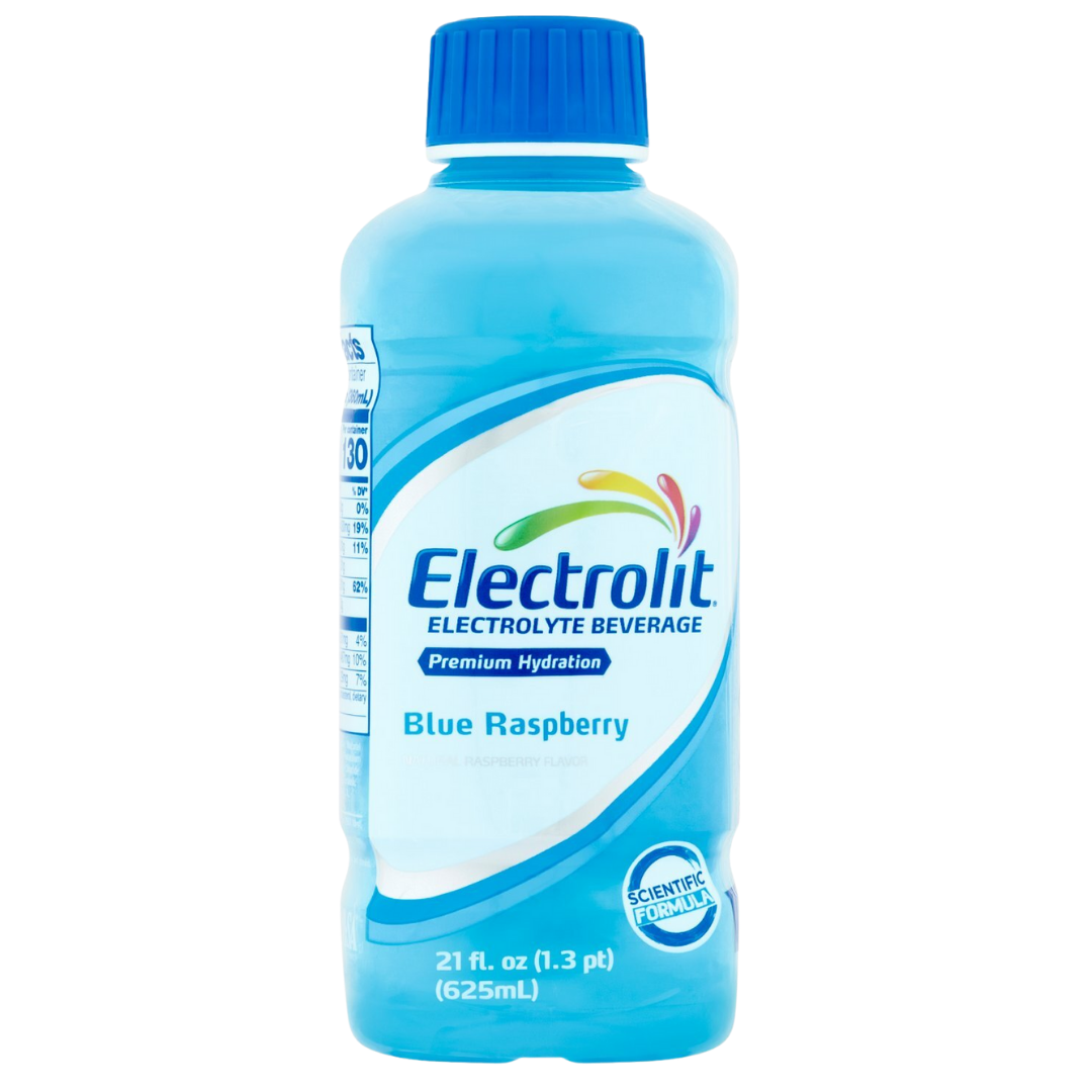 Electrolit Blue Raspberry hydration beverage in a 21oz bottle, showing the blue raspberry flavor label and packaging.