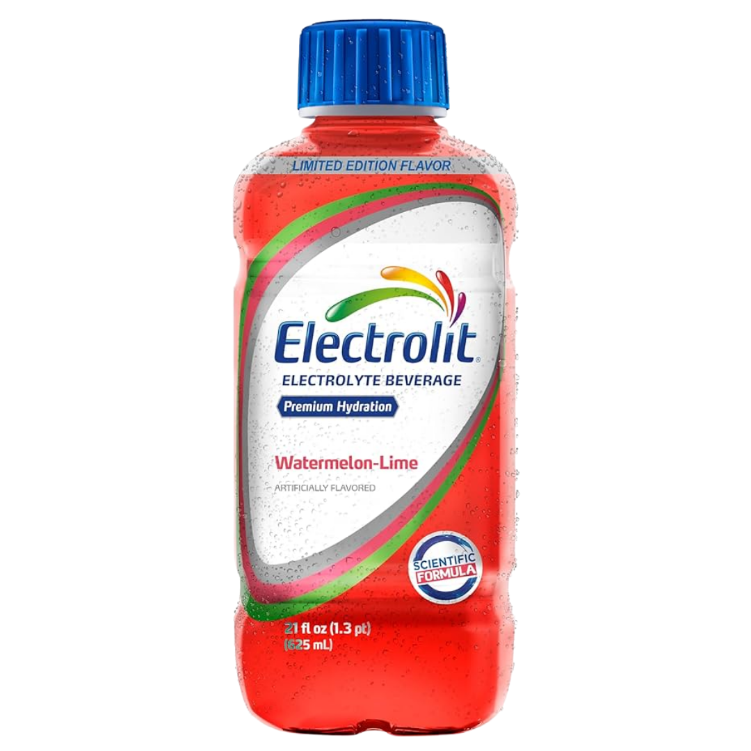 Electrolit Watermelon hydration beverage in a 21oz bottle, showcasing its bright watermelon flavor and refreshing design.