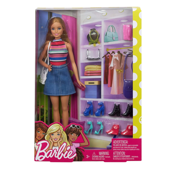Barbie doll with accessories for children age 3 and up, featuring a blonde doll with clothing and toy accessories