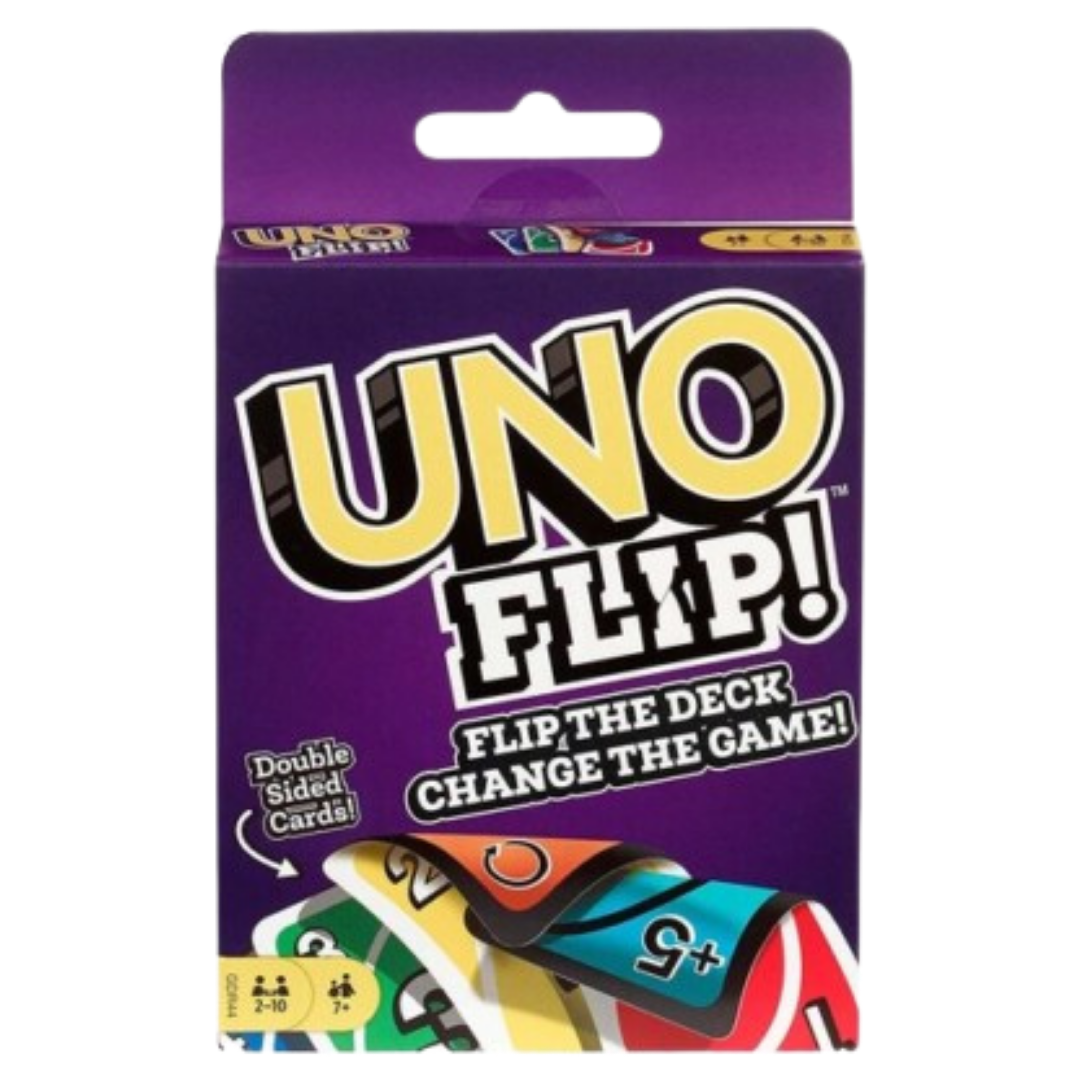 Farmacias Savia UNO Flip! card game with double-sided deck, featuring colorful playing cards on a table.