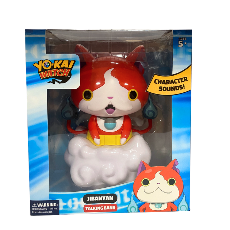 Yo-Kai Watch Jibanyan talking coin bank figure, collectible plush toy from Farmacias Savia with detailed design and vibrant colors.