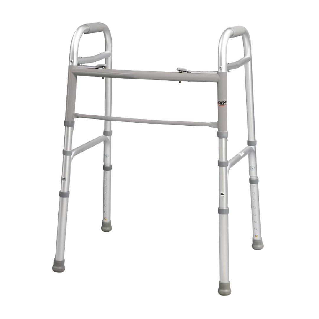 Aluminum folding walker for adults with adjustable height, featuring handgrips and mobility support, from Drive Medical.