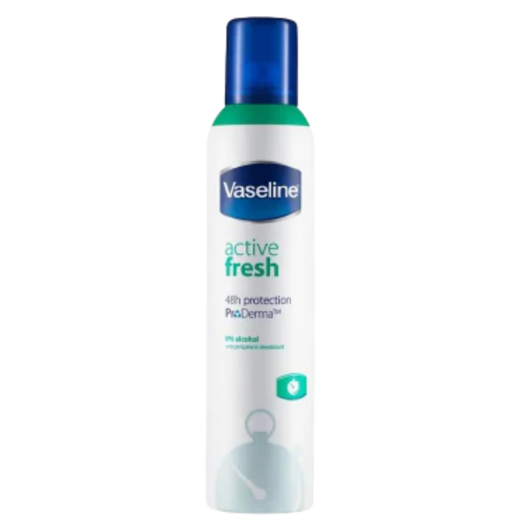 Vaseline Active Fresh 48H Antiperspirant Deodorant Spray in 8.5 oz bottle, featuring a sleek white and blue design.