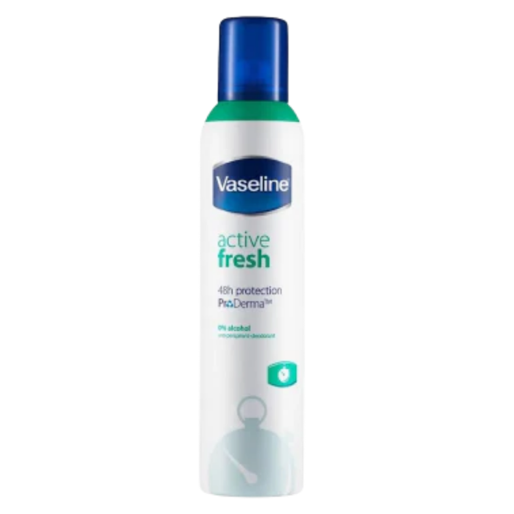 Vaseline Active Fresh 48H Antiperspirant Deodorant Spray in 8.5 oz bottle, featuring a sleek white and blue design.