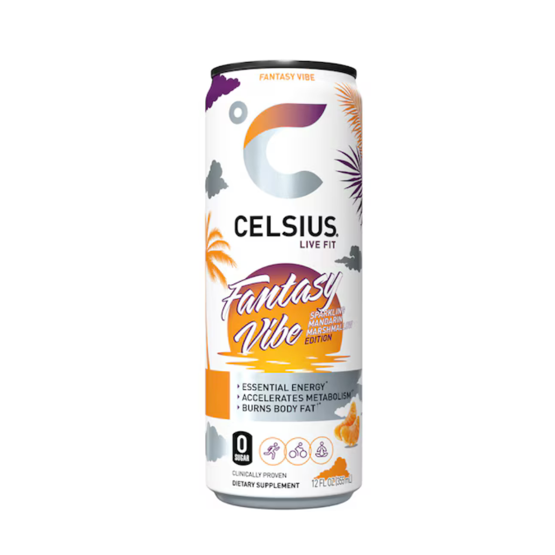 Celsius Vibe Fantasy Mandarin Marshmallow sparkling energy drink in a 12oz can with vibrant label design.