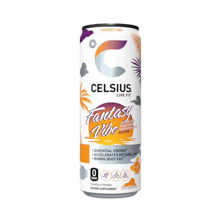 Celsius Vibe Fantasy Mandarin Marshmallow sparkling energy drink in a 12oz can with vibrant label design.