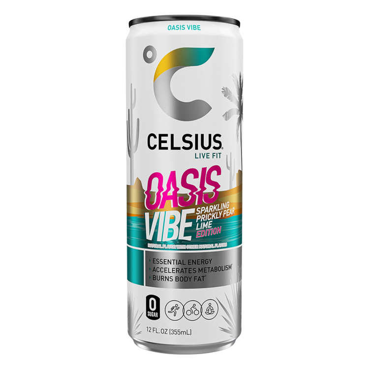 Celsius Vibe Oasis Prickly Pear Lime sparkling energy drink in a 12oz can with vibrant label design