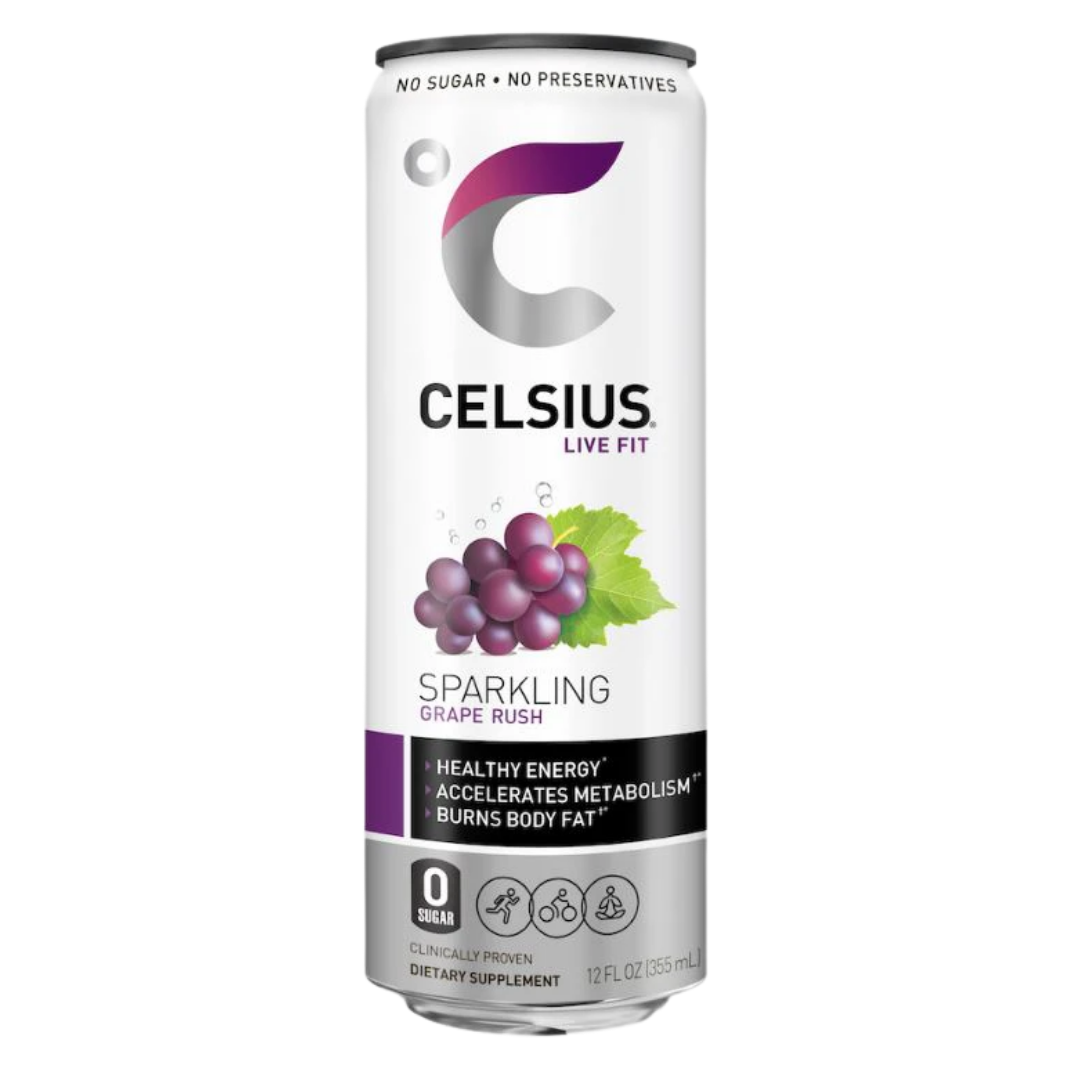 Celsius Sparkling Grape Rush energy drink can, 12oz size, with purple grape flavor and vibrant branding.