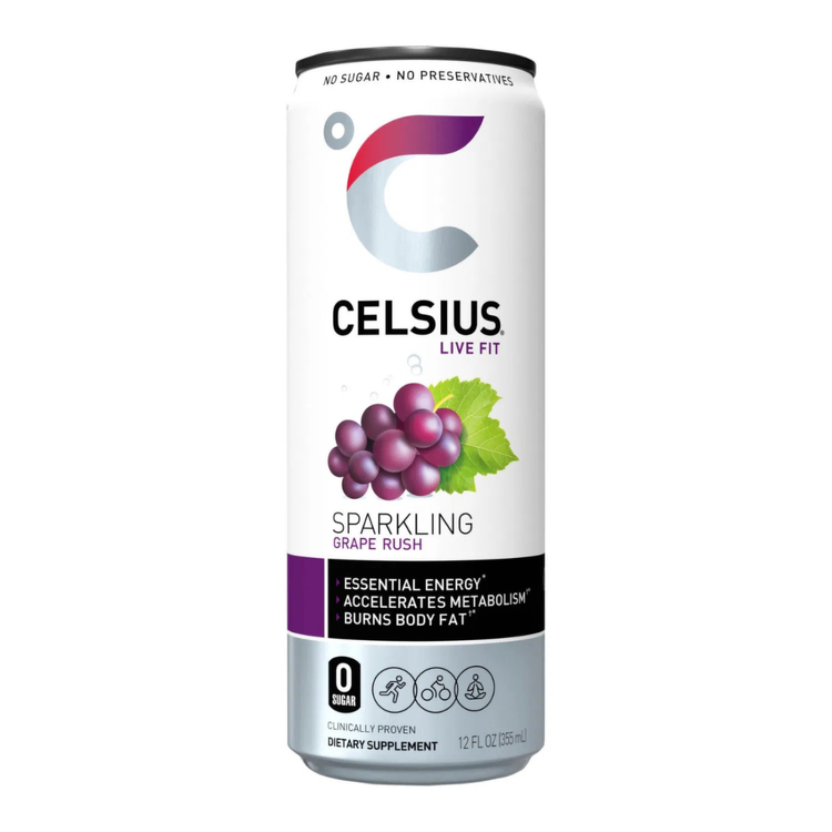 Celsius Live Fit Sparkling Grape Rush energy drink can, 12oz, with purple and silver design, showcasing the beverage and brand label.