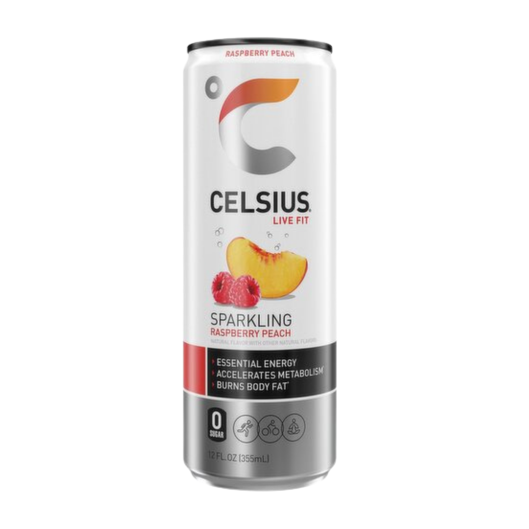 Celsius Sparkling Raspberry Peach Energy Drink in 12oz can with vibrant raspberry and peach flavor design.