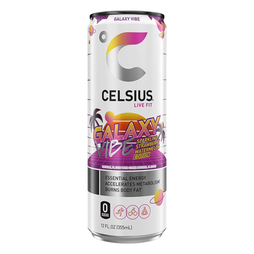 Celsius Galaxy Vibe Strawberry Watermelon sparkling energy drink in a 12oz can with vibrant galaxy design.