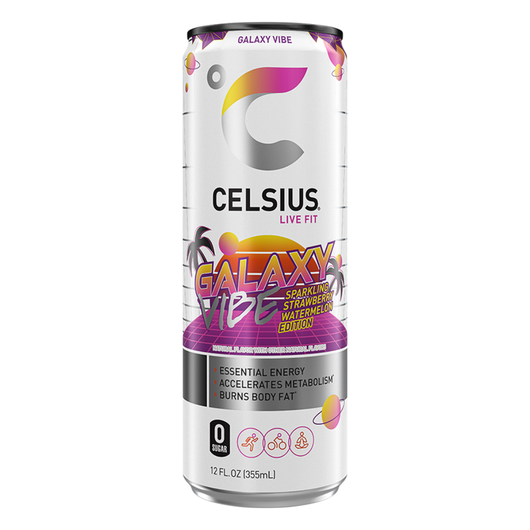 Celsius Galaxy Vibe Strawberry Watermelon sparkling energy drink in a 12oz can with vibrant galaxy design.