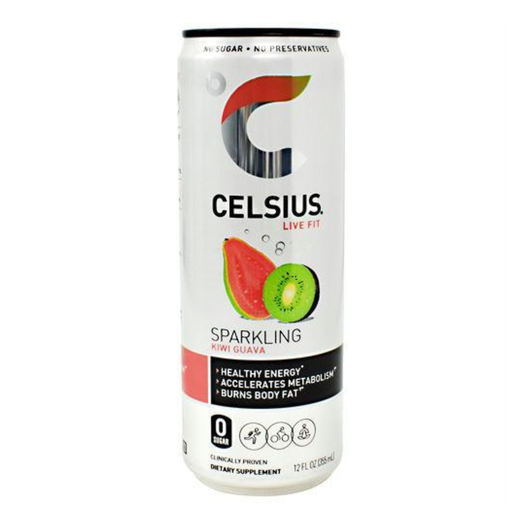 Celsius Live Fit Sparkling Kiwi Guava energy drink in a 12oz can with vibrant label featuring kiwi and guava images.