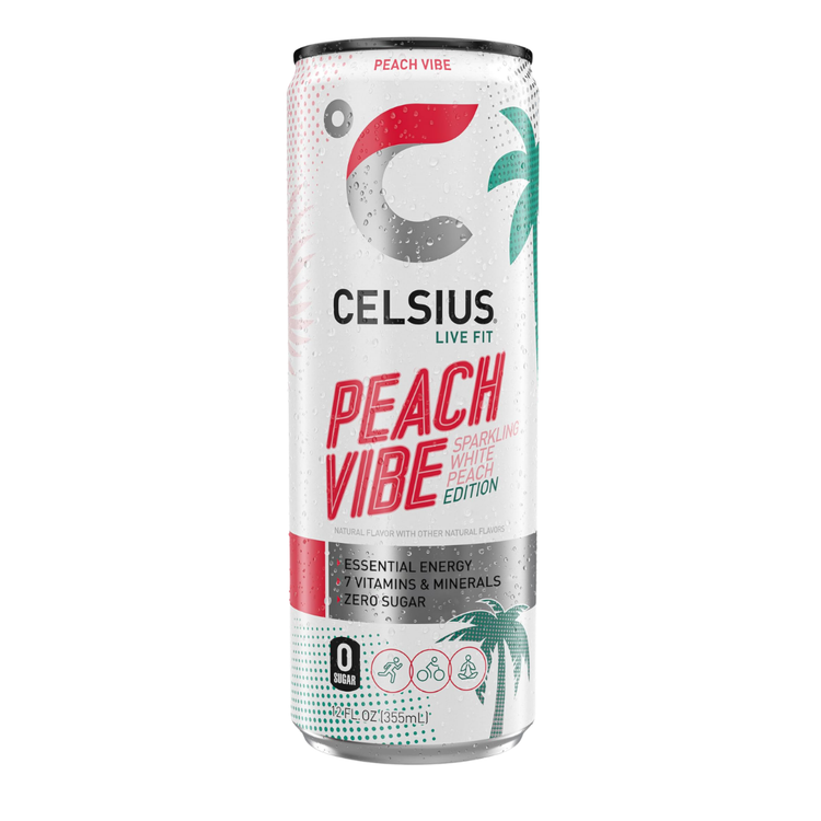 Celsius Peach Vibe sparkling white peach energy drink in a 12oz can with vibrant peach-themed design