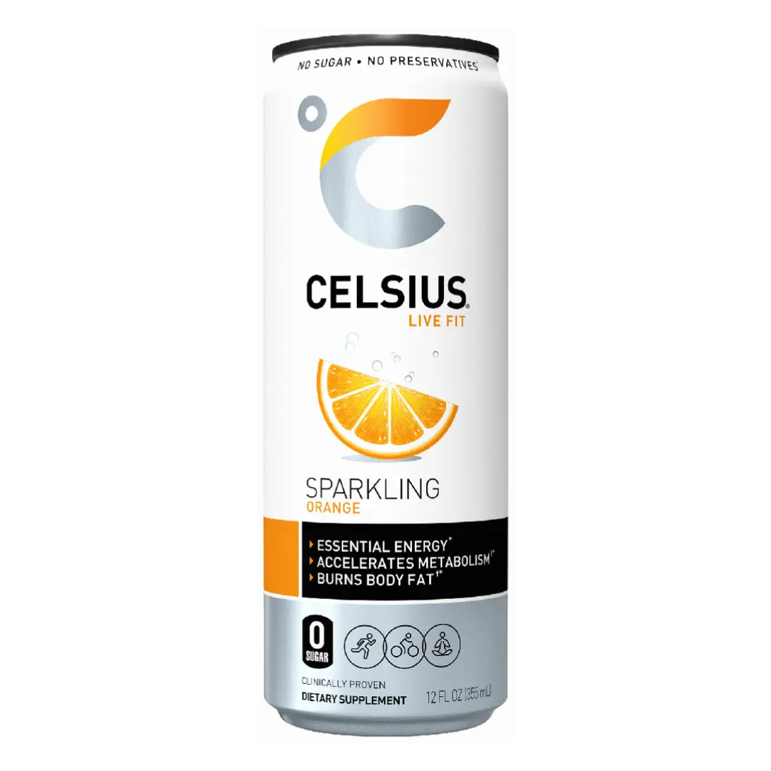 Celsius Live Fit Sparkling Orange energy drink can, 12oz, with bright orange label and citrus flavor imagery.