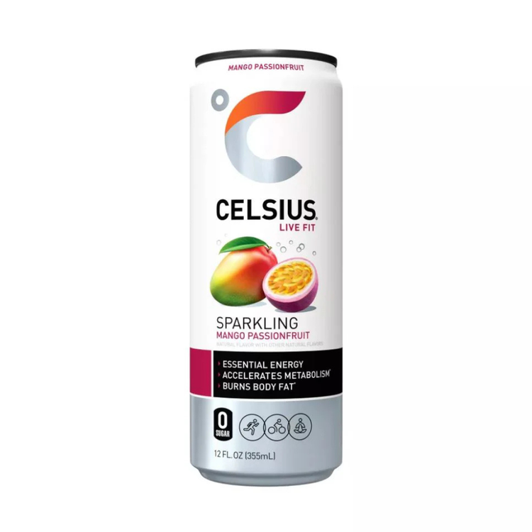 Celsius Live Fit Sparkling Mango Passionfruit Energy Drink in a 12oz can with vibrant label design.
