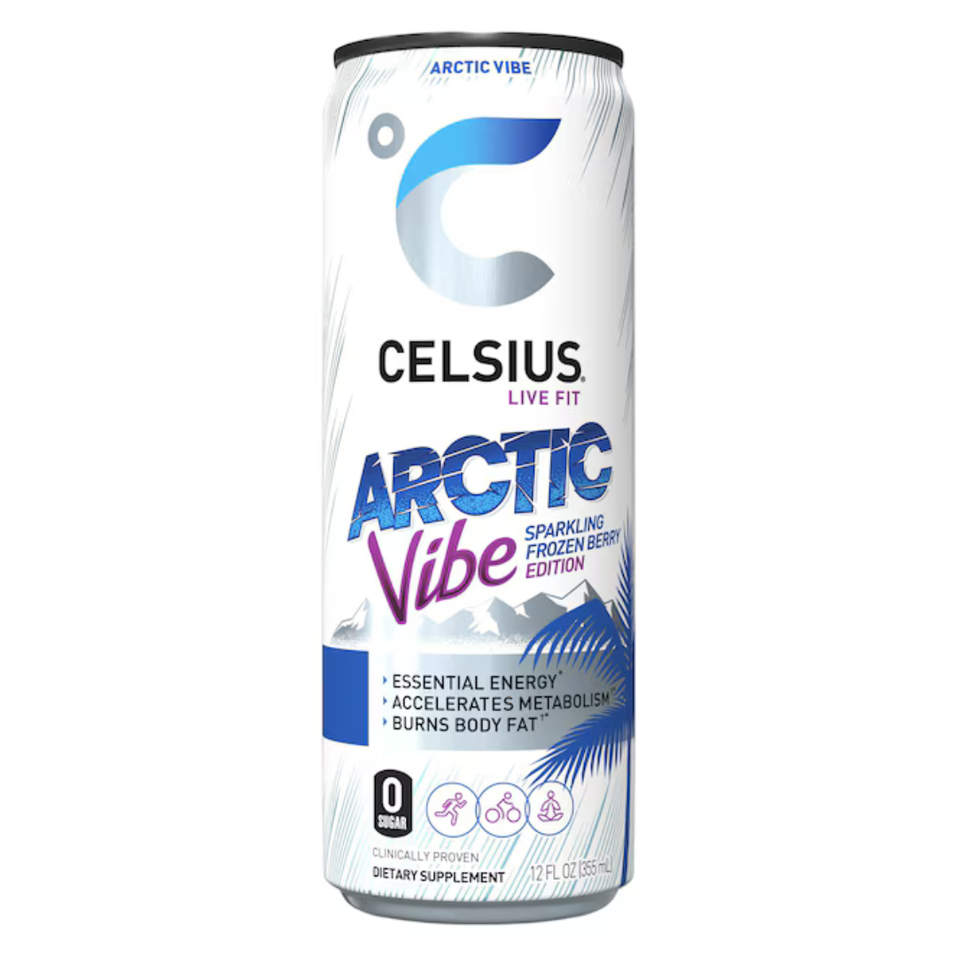 Celsius Vibe Arctic Vibe Frozen Berry sparkling energy drink can, 12oz, featuring vibrant blue and purple design with berry imagery