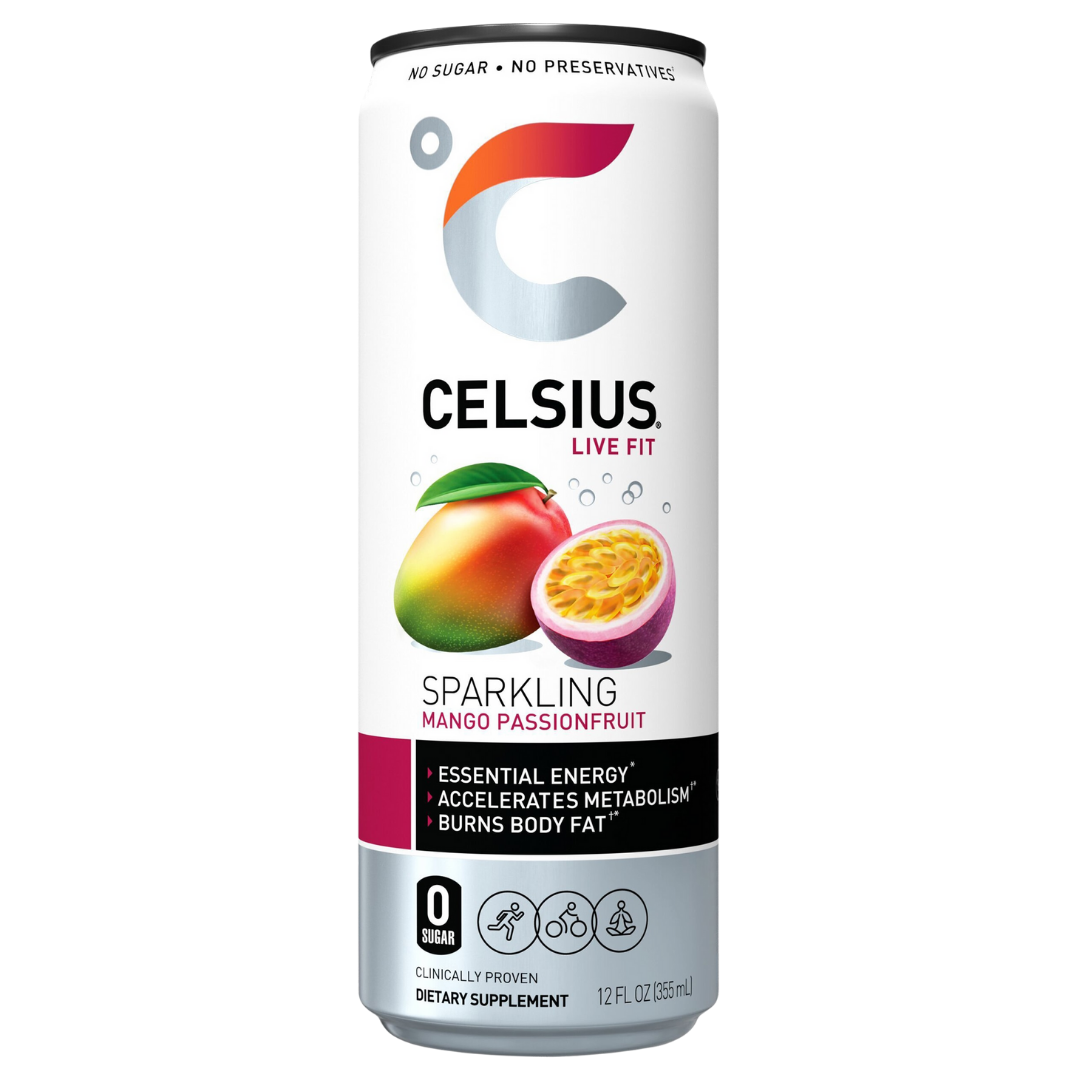 Celsius Mango Passionfruit energy drink can, 12oz size, with vibrant mango and passionfruit flavor label.