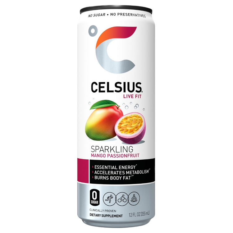 Celsius Mango Passionfruit energy drink can, 12oz size, with vibrant mango and passionfruit flavor label.