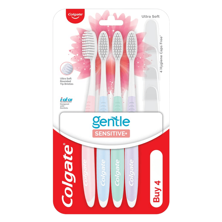 Farmacias Savia Colgate Gentle Sensitive+ ultra soft toothbrushes in a pack of four, with soft bristles for gentle cleaning.