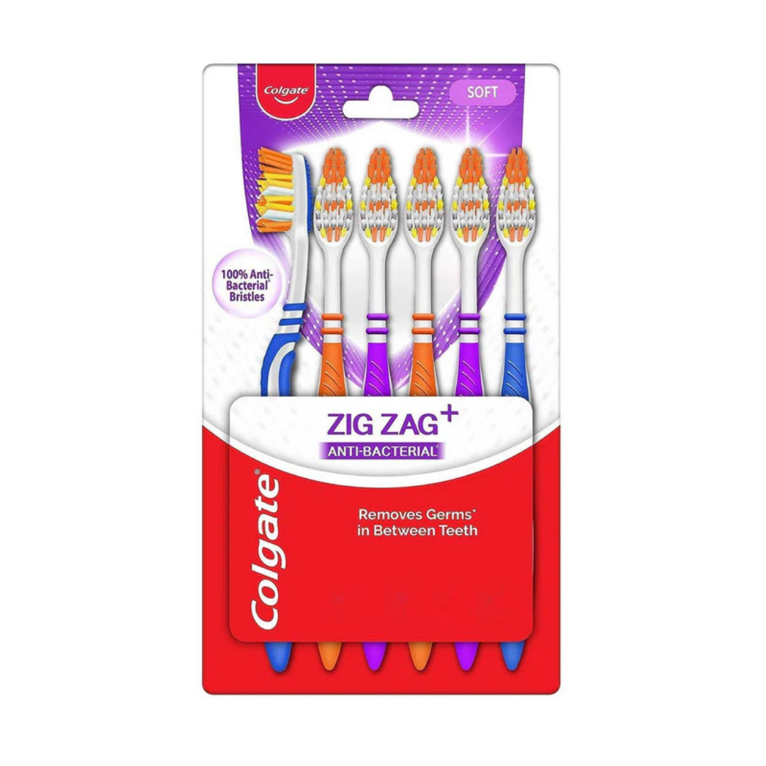 Colgate Zig Zag anti-bacterial soft toothbrushes value pack with six toothbrushes, featuring colorful bristles and ergonomic handles.
