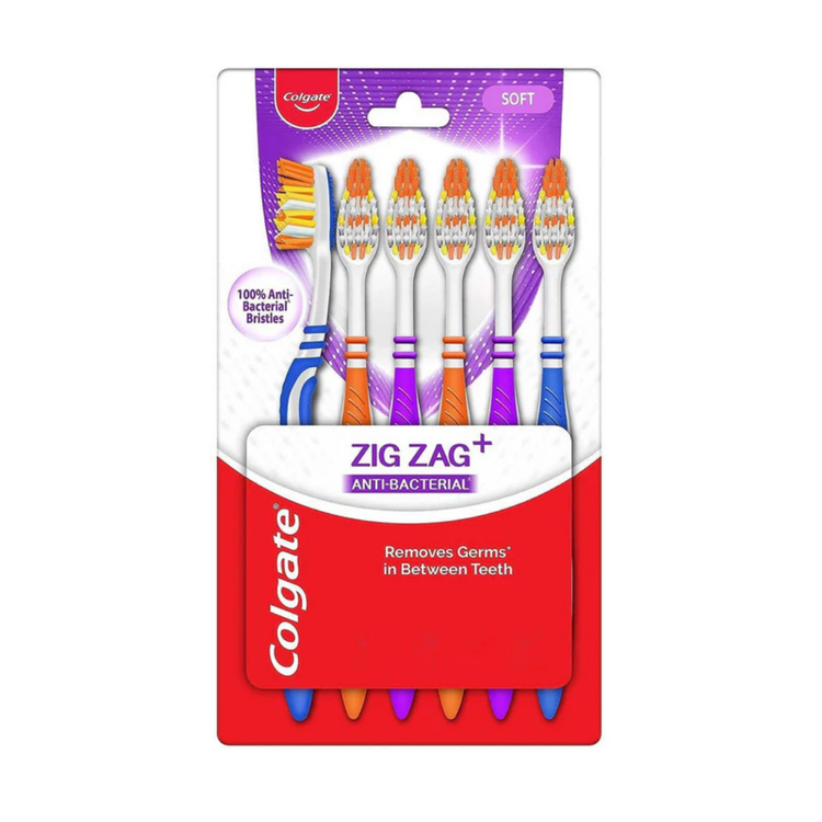 Colgate Zig Zag anti-bacterial soft toothbrushes value pack with six toothbrushes, featuring colorful bristles and ergonomic handles.