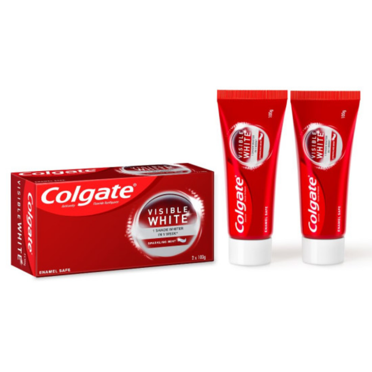 Colgate Visible White Toothpaste Twin Pack with two 3.5oz tubes, designed for whitening and freshening teeth.