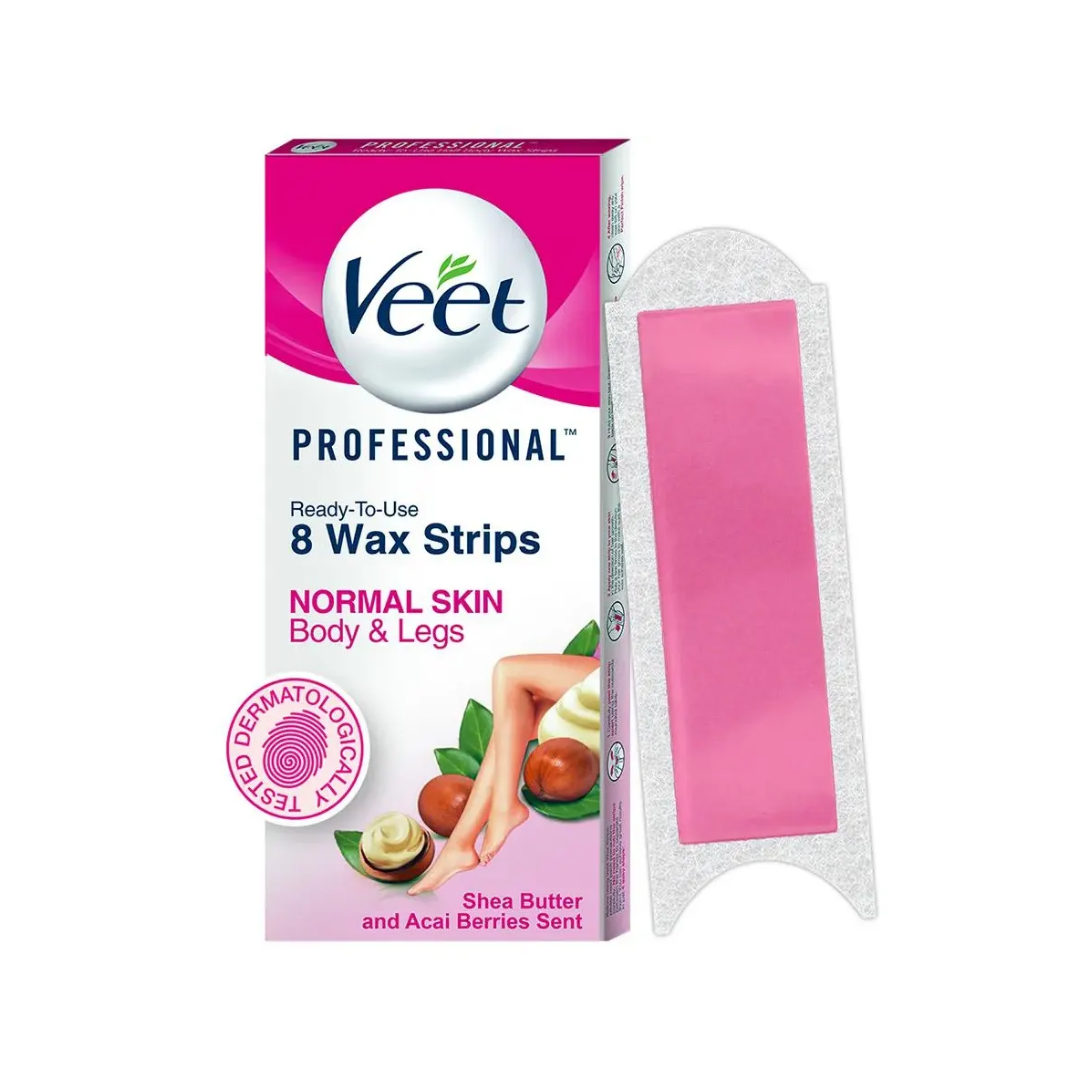 Veet Professional ready-to-use body wax strips for normal skin, 8-count, designed for easy hair removal on the body.
